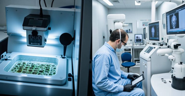 Laboratoire biotech avec fermenteur et salle opération avec robot chirurgical illustrant différence biotech medtech