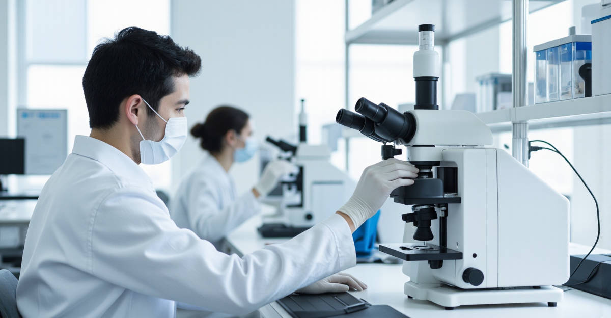 Laboratoire médical moderne avec techniciens en blouse blanche réalisant des analyses biologiques avec équipements de pointe