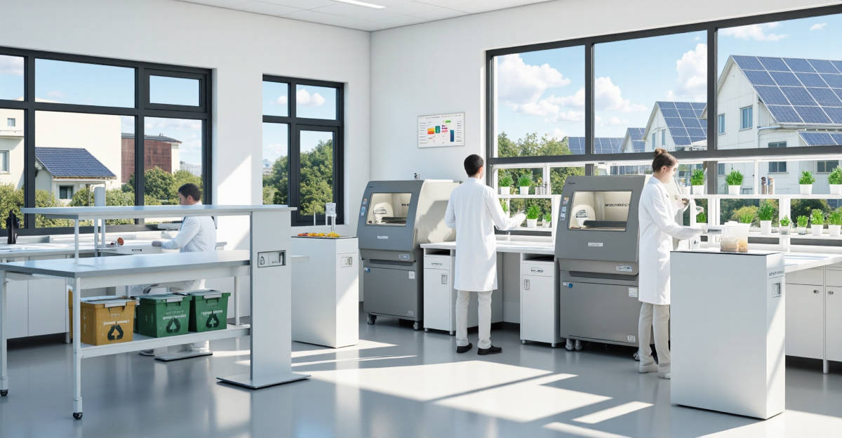 Laboratoire écoresponsable moderne avec équipements économes en énergie, hottes aspirantes optimisées et système de tri sélectif des déchets