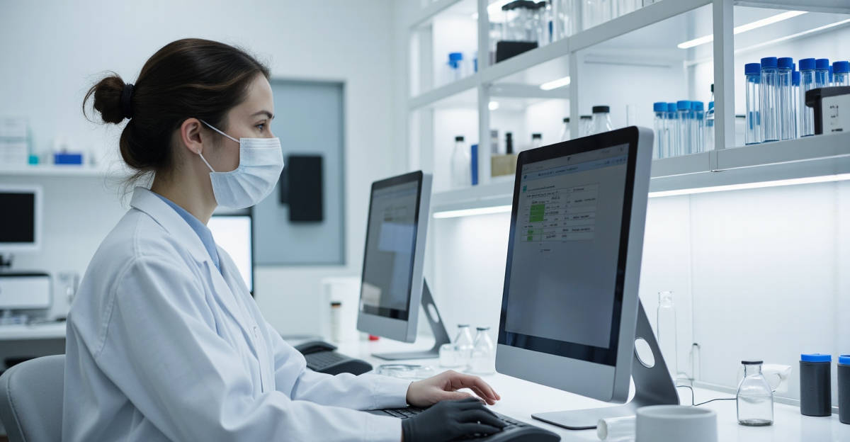 Biologiste consultant résultats analyses médicales Biofutur sur ordinateur