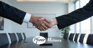 Poignée de main symbolisant le rachat de Metsera par Pfizer, une acquisition stratégique sur le marché de l'anti-obésité.