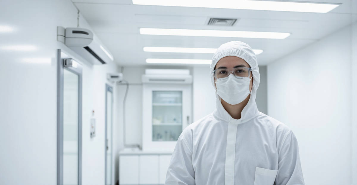 Salle blanche ISO 5 pharmaceutique avec technicien sous flux laminaire HEPA