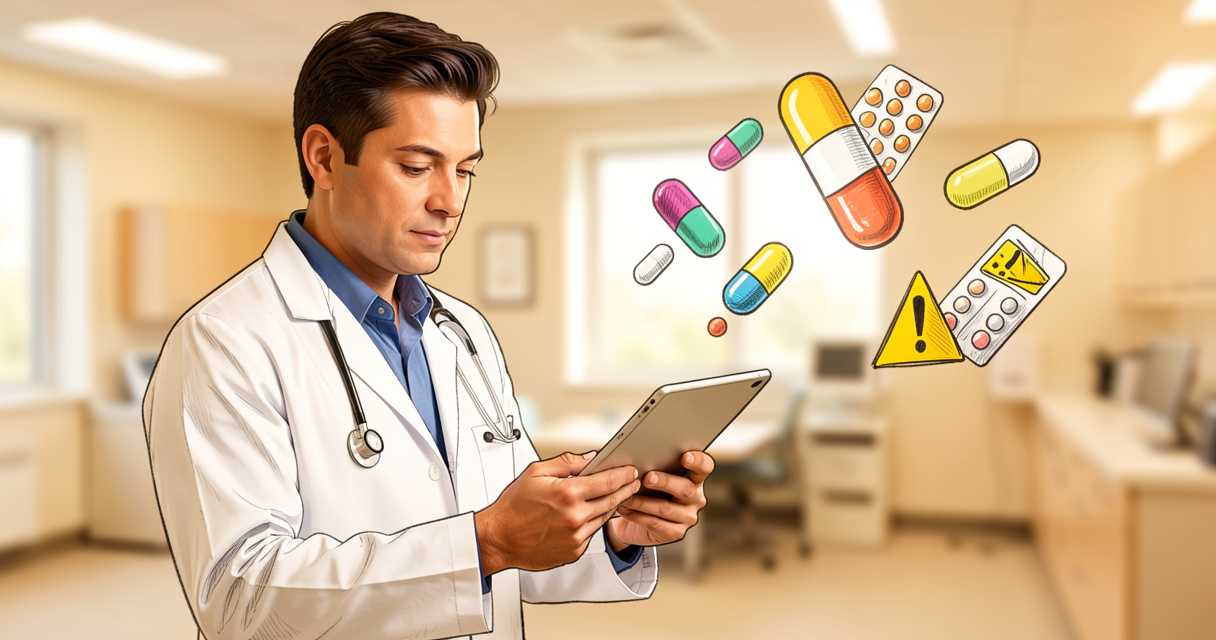 Médecin consultant un dossier d'effet indésirable devant un centre régional de pharmacovigilance