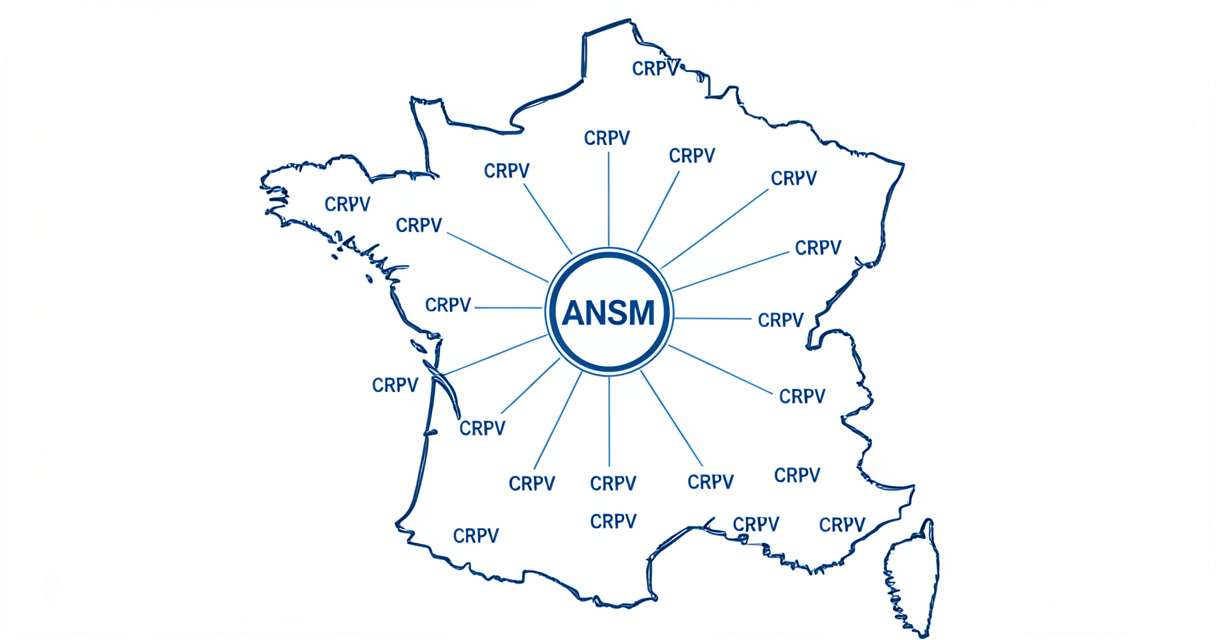 Carte de France illustrant les 31 centres régionaux de pharmacovigilance en réseau avec l'ANSM