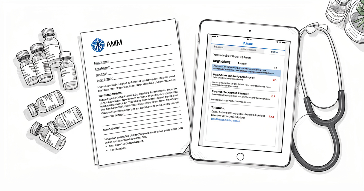 Bureau avec documents d'autorisation de mise sur le marché vétérinaire et flacons de médicaments