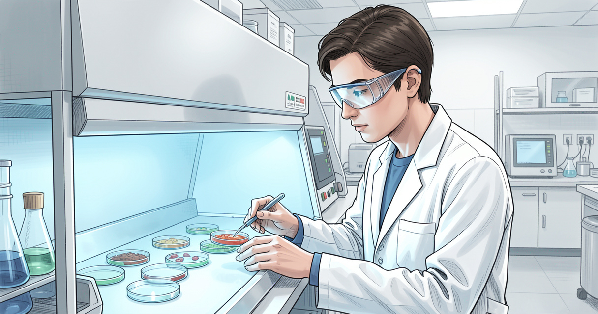 Biotechnologiste en laboratoire analysant des cultures cellulaires dans une hotte à flux laminaire