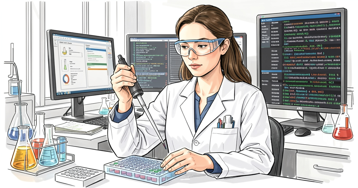 Ingénieur en biologie en laboratoire manipulant une pipette avec des écrans de bio-informatique