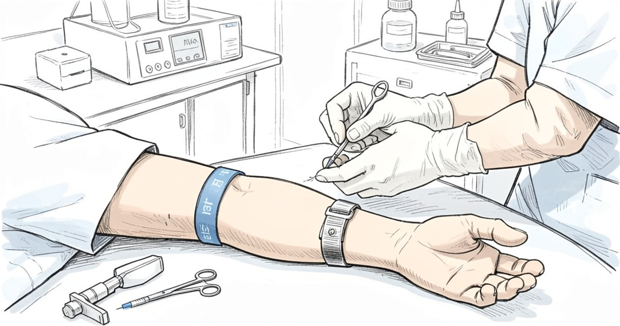 Prise de sang en laboratoire à Apt - préparation du bras du patient pour analyse médicale