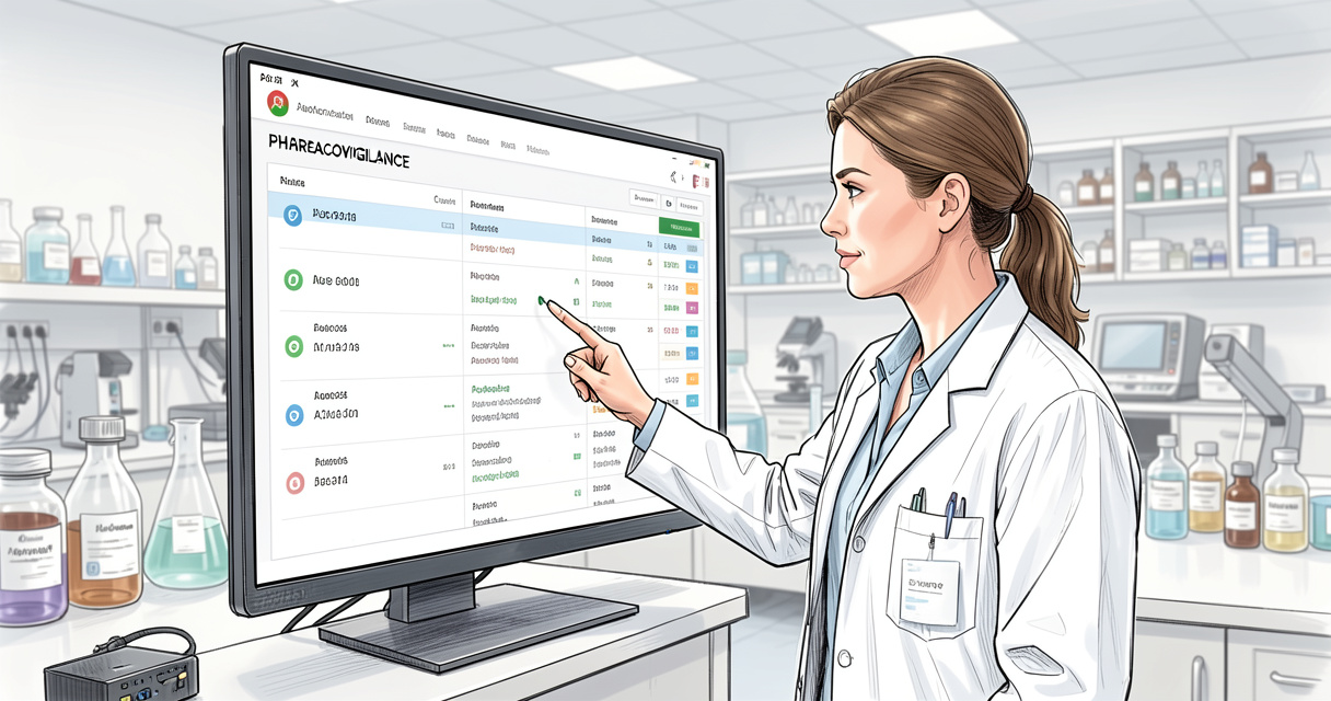 Spécialiste en pharmacovigilance analysant des données de sécurité sur écran dans un laboratoire moderne