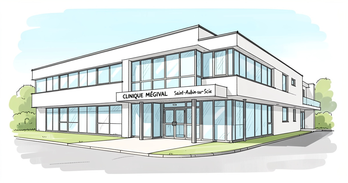 Façade de la Clinique Mégival à Saint-Aubin-sur-Scie avec panneau d'accueil et entrée moderne