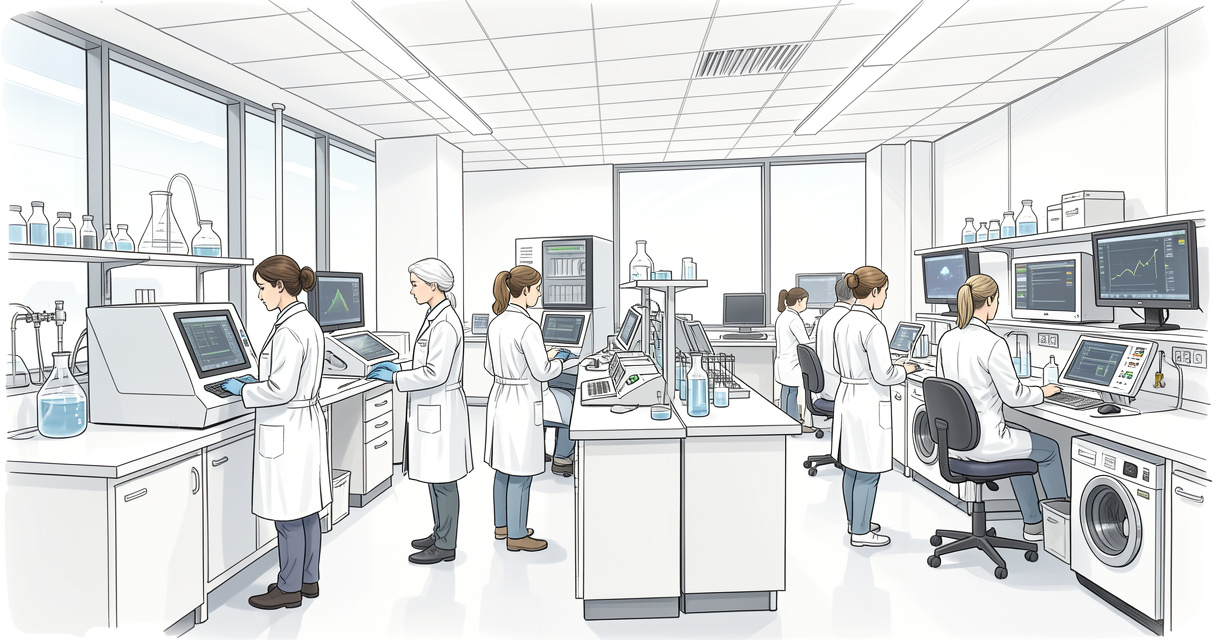 Laboratoire pharmaceutique moderne à Lyon Gerland avec chercheurs en blouse blanche travaillant sur des équipements de b
