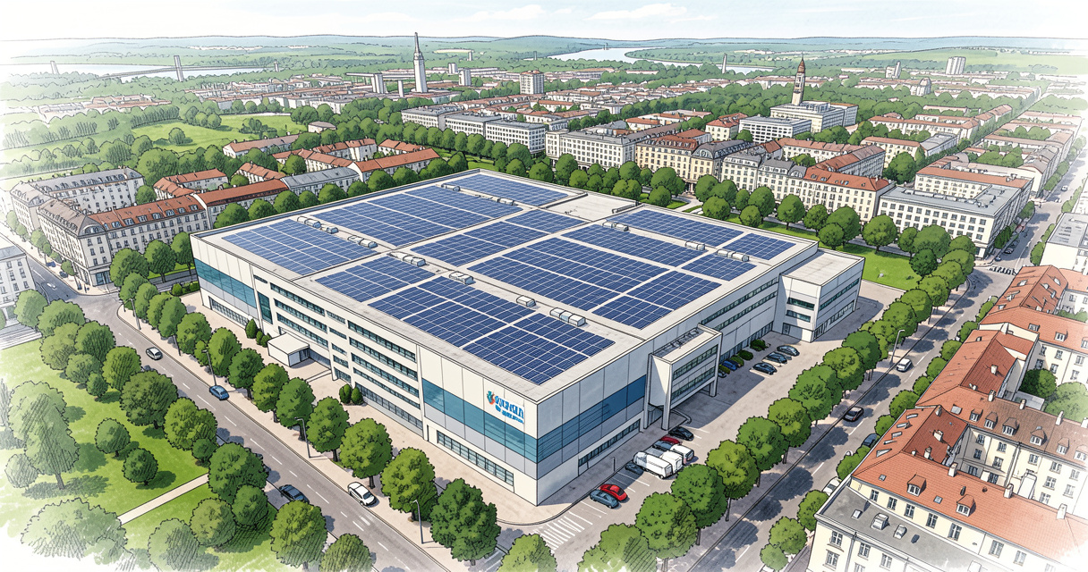 Vue aérienne d'une usine pharmaceutique à Lyon avec panneaux photovoltaïques sur le toit dans un environnement urbain ve