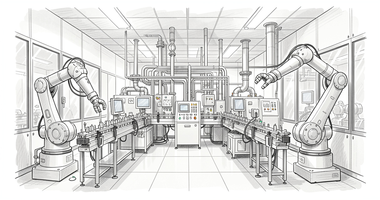 Chaîne de production pharmaceutique automatisée dans un laboratoire à Lyon, avec robots et environnements stériles