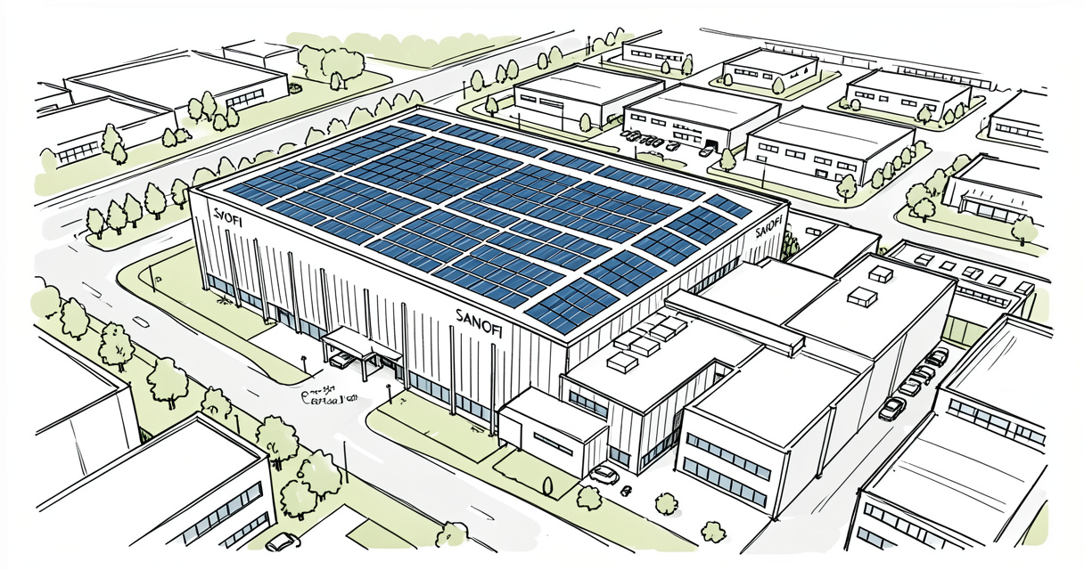 Vue aérienne du site Sanofi Lyon Gerland avec panneaux solaires et bâtiments industriels