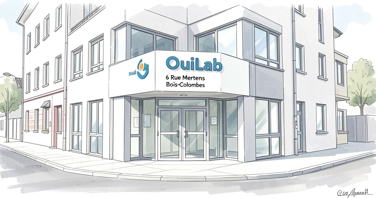 Entrée du laboratoire OuiLab au 6 rue Mertens à Bois-Colombes, horaires et accès PMR visibles