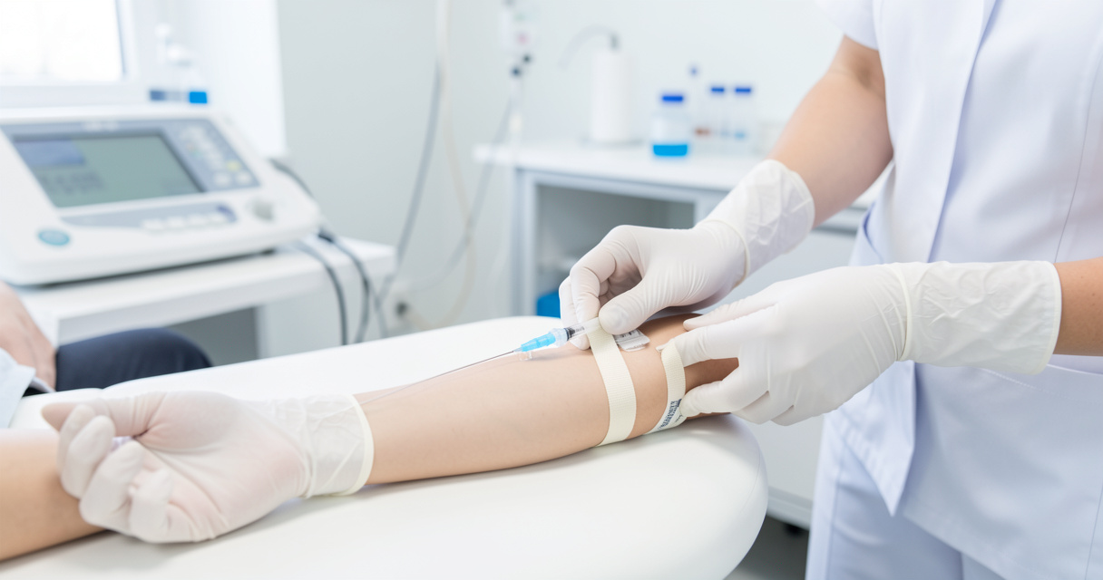 Patient installé pour une prise de sang au labo d'Éragny-sur-Oise