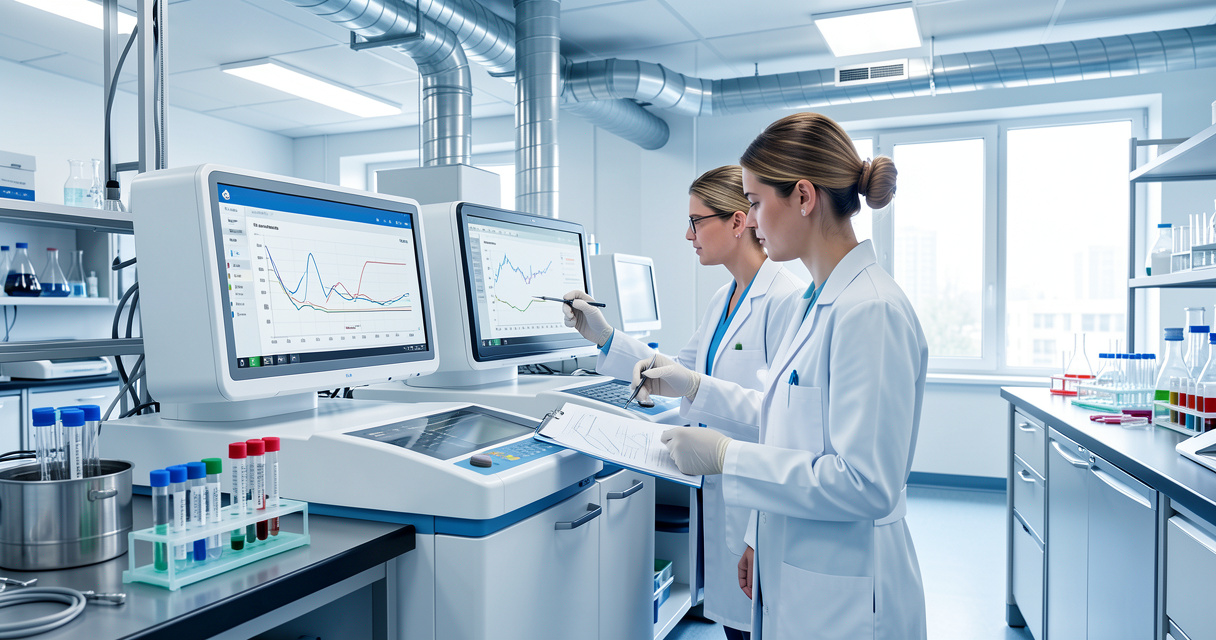 Professionnels évaluant une innovation de diagnostic médical dans un laboratoire.