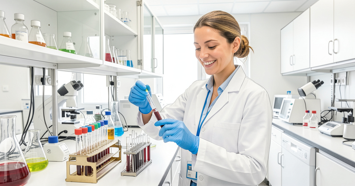 Laboratoire d'analyse à Nîmes, biologiste prépare une prise de sang en laboratoire