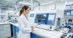 Technicienne contrôlant un équipement dans un laboratoire médical