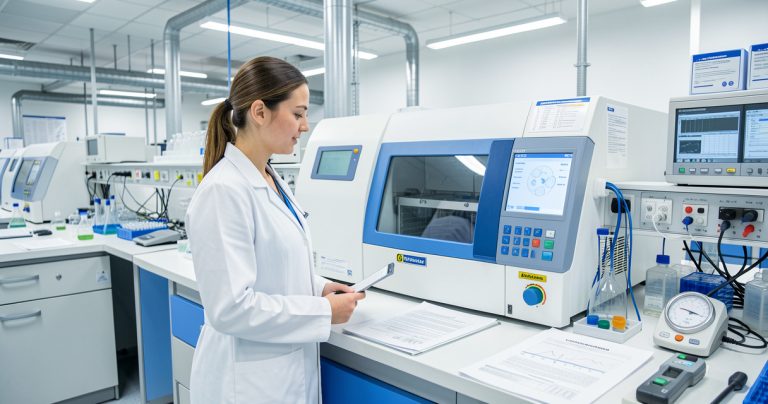 Technicienne contrôlant un équipement dans un laboratoire médical