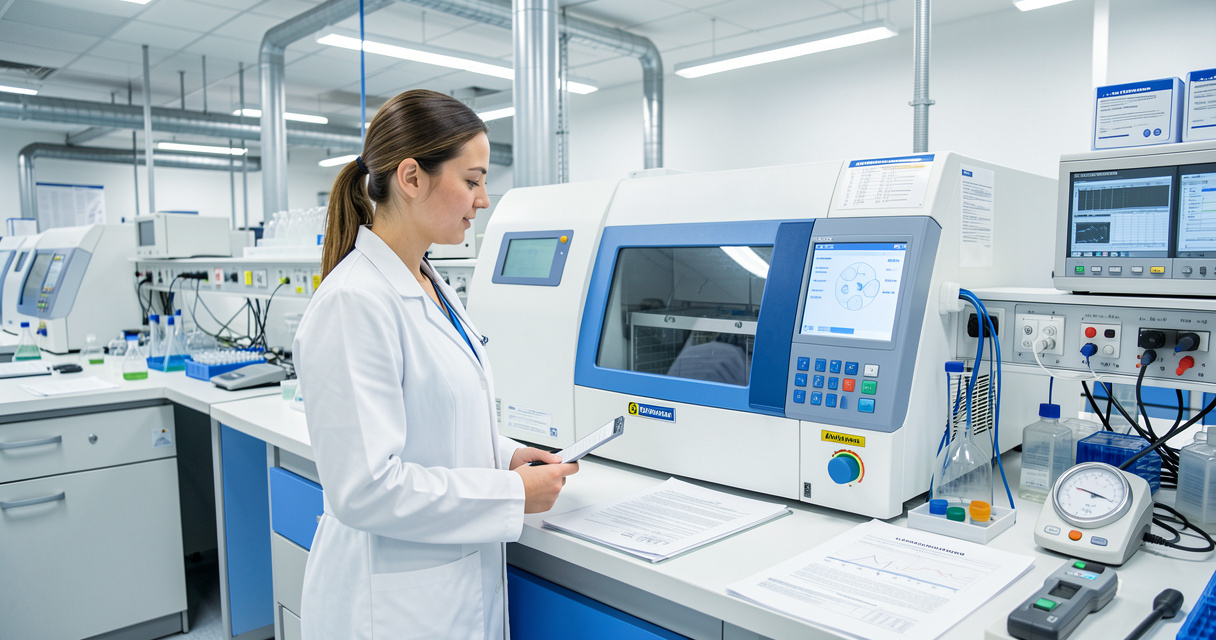 Technicienne contrôlant un équipement dans un laboratoire médical