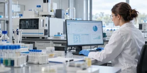 Technicienne en laboratoire utilisant un logiciel LIMS pour suivre des analyses