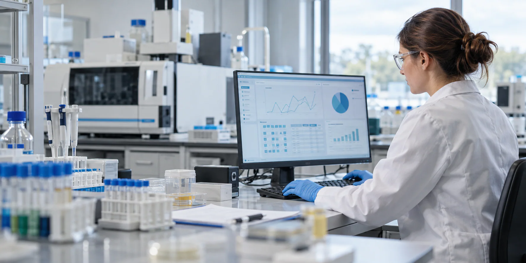 Technicienne en laboratoire utilisant un logiciel LIMS pour suivre des analyses