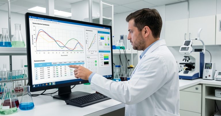 Scientifique analysant des données de validation analytique dans un laboratoire