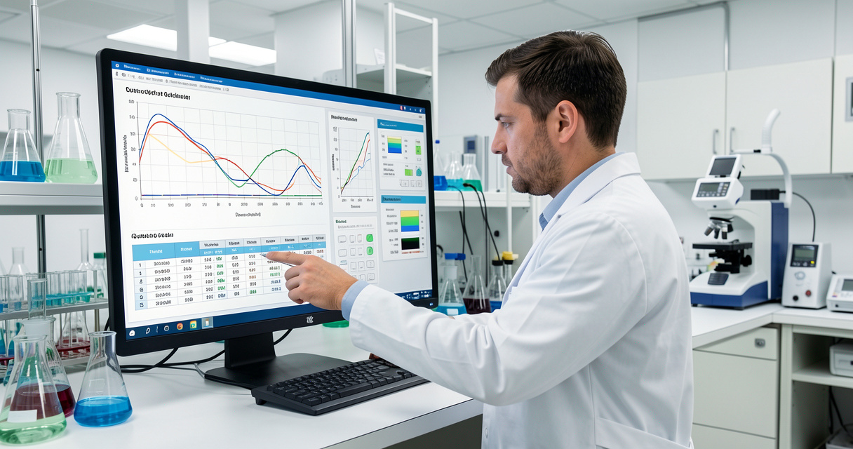 Scientifique analysant des données de validation analytique dans un laboratoire