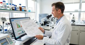 Biologiste examinant un dossier de validation analytique dans un laboratoire médical.