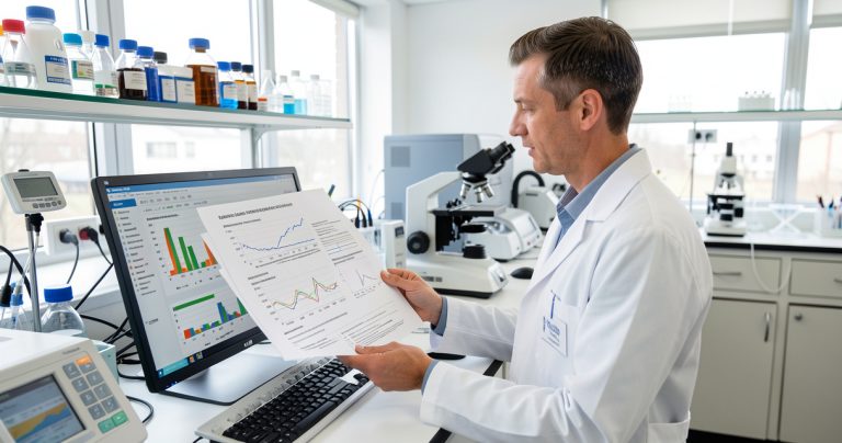 Biologiste examinant un dossier de validation analytique dans un laboratoire médical.