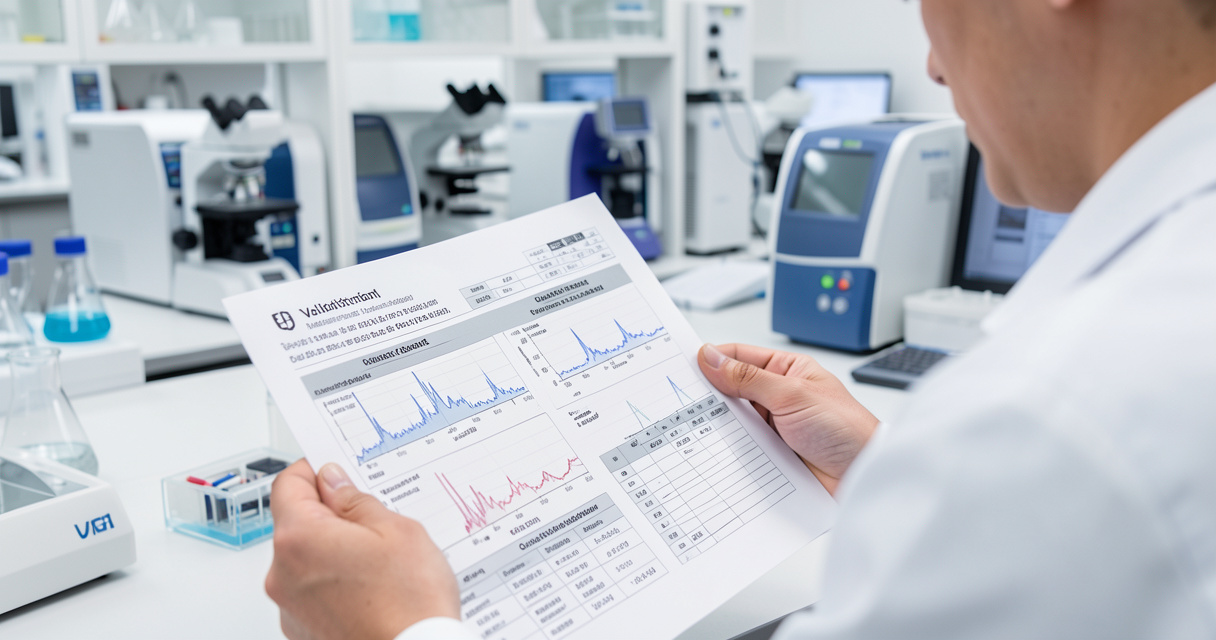 Scientifique contrôlant un dossier de validation analytique dans un laboratoire.